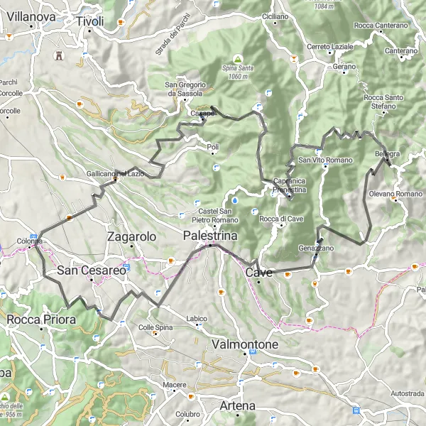 Map miniature of "Hilltop Villages Tour" cycling inspiration in Lazio, Italy. Generated by Tarmacs.app cycling route planner