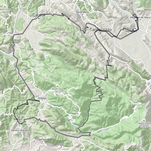 Map miniature of "Abbazie e Castelli dei Marsi" cycling inspiration in Lazio, Italy. Generated by Tarmacs.app cycling route planner