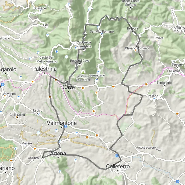 Map miniature of "Bellegra to Olevano Romano" cycling inspiration in Lazio, Italy. Generated by Tarmacs.app cycling route planner