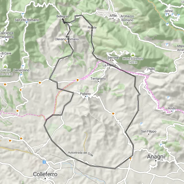 Map miniature of "Traces of History: Roiate and Olevano Romano" cycling inspiration in Lazio, Italy. Generated by Tarmacs.app cycling route planner