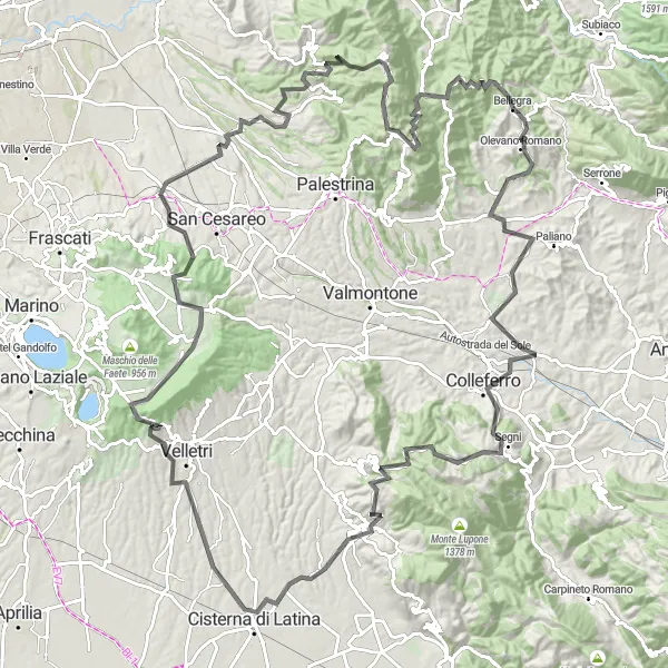 Map miniature of "La Grande Strada delle Cave etrusche" cycling inspiration in Lazio, Italy. Generated by Tarmacs.app cycling route planner