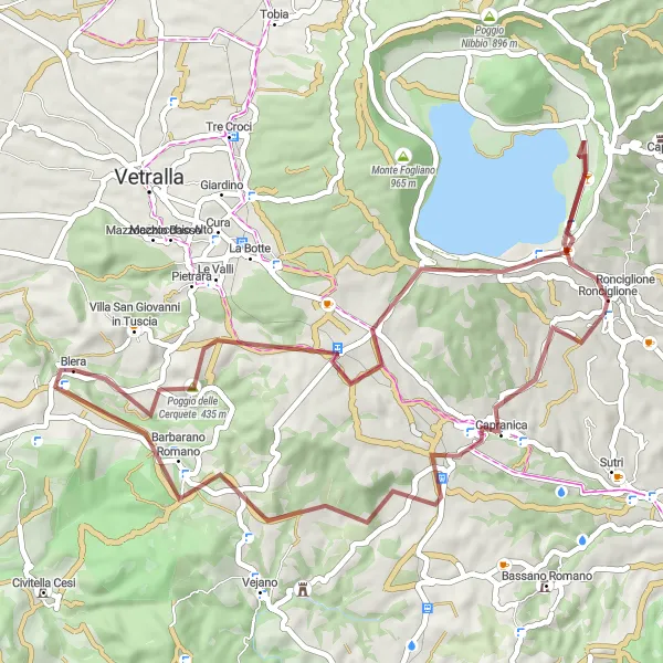 Miniatura della mappa di ispirazione al ciclismo "Avventura in mountain bike a Capranica" nella regione di Lazio, Italy. Generata da Tarmacs.app, pianificatore di rotte ciclistiche