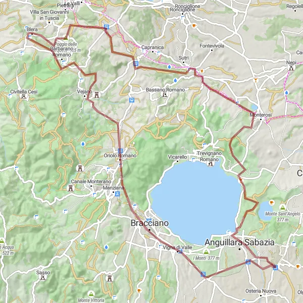 Map miniature of "Blera to Barbarano Romano Gravel Route" cycling inspiration in Lazio, Italy. Generated by Tarmacs.app cycling route planner