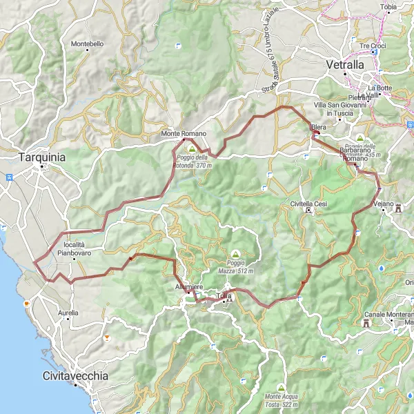 Miniatura della mappa di ispirazione al ciclismo "Esplorazione in bicicletta tra Allumiere e Blera" nella regione di Lazio, Italy. Generata da Tarmacs.app, pianificatore di rotte ciclistiche