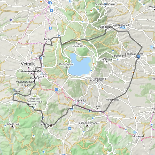 Miniatura della mappa di ispirazione al ciclismo "Giro panoramico verso Barbarano Romano" nella regione di Lazio, Italy. Generata da Tarmacs.app, pianificatore di rotte ciclistiche