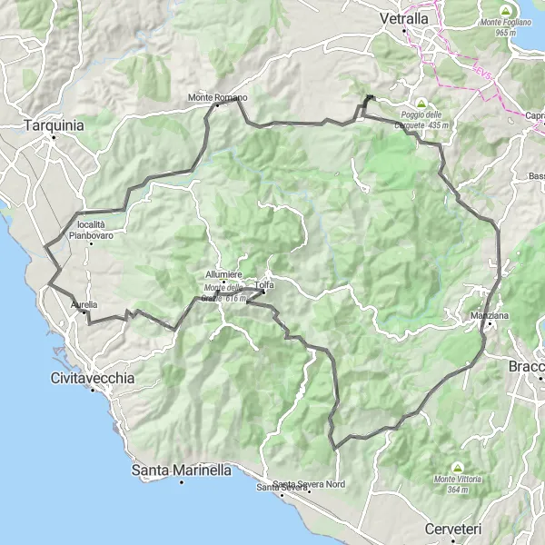 Miniatura della mappa di ispirazione al ciclismo "Giro in bicicletta da Blera" nella regione di Lazio, Italy. Generata da Tarmacs.app, pianificatore di rotte ciclistiche