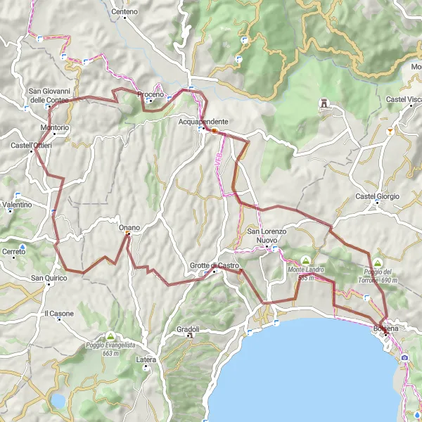 Miniatura della mappa di ispirazione al ciclismo "Avventura tra Bolsena e Acquapendente" nella regione di Lazio, Italy. Generata da Tarmacs.app, pianificatore di rotte ciclistiche