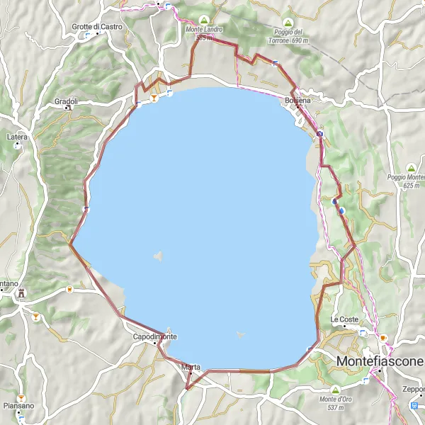 Miniatura della mappa di ispirazione al ciclismo "Giro in Gravel attorno al Lago di Bolsena" nella regione di Lazio, Italy. Generata da Tarmacs.app, pianificatore di rotte ciclistiche