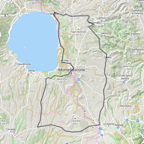 Miniatura della mappa di ispirazione al ciclismo "Giro panoramico tra Bagnoregio e Bolsena" nella regione di Lazio, Italy. Generata da Tarmacs.app, pianificatore di rotte ciclistiche
