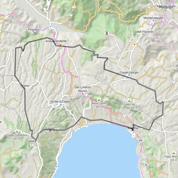 Miniatura della mappa di ispirazione al ciclismo "Giro in strada attraverso Rocca Monaldeschi e Castel Giorgio" nella regione di Lazio, Italy. Generata da Tarmacs.app, pianificatore di rotte ciclistiche