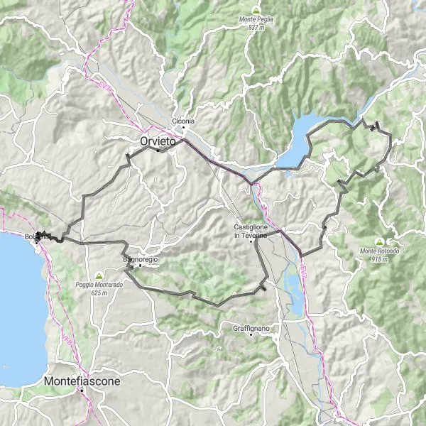 Miniatura della mappa di ispirazione al ciclismo "Ciclovia delle Colline Lazio" nella regione di Lazio, Italy. Generata da Tarmacs.app, pianificatore di rotte ciclistiche