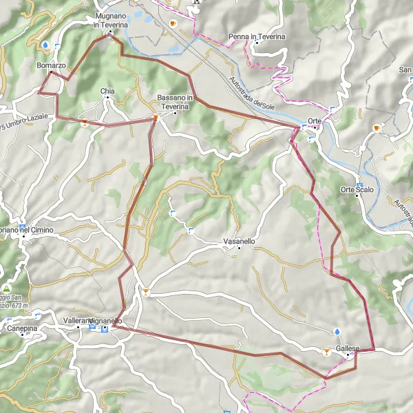 Miniatura della mappa di ispirazione al ciclismo "Giro Gravel Poggio Rocchette e Vista delle Cascate" nella regione di Lazio, Italy. Generata da Tarmacs.app, pianificatore di rotte ciclistiche