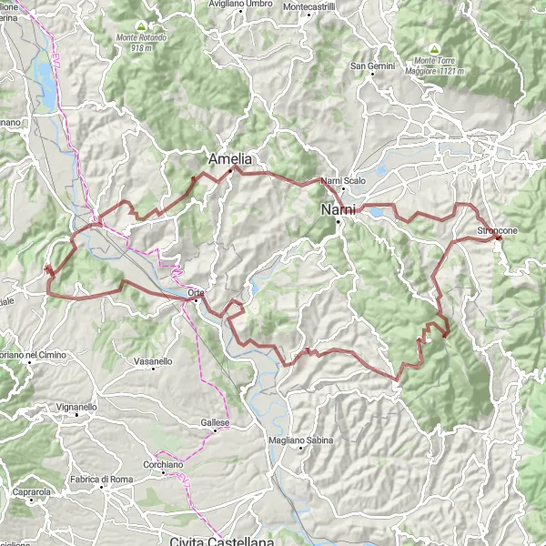 Map miniature of "Bomarzo Gravel Delight" cycling inspiration in Lazio, Italy. Generated by Tarmacs.app cycling route planner