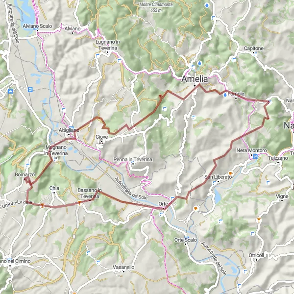 Miniatura della mappa di ispirazione al ciclismo "Il Giro delle Colline e degli Antichi Borghi Gravel" nella regione di Lazio, Italy. Generata da Tarmacs.app, pianificatore di rotte ciclistiche