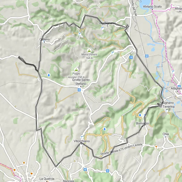 Miniatura della mappa di ispirazione al ciclismo "Giro su Strada Vitorchiano e Celleno" nella regione di Lazio, Italy. Generata da Tarmacs.app, pianificatore di rotte ciclistiche