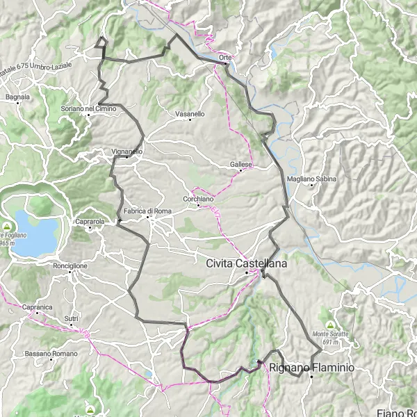 Miniatura della mappa di ispirazione al ciclismo "Il Giro delle Cascate e dei Borghi Medievali" nella regione di Lazio, Italy. Generata da Tarmacs.app, pianificatore di rotte ciclistiche
