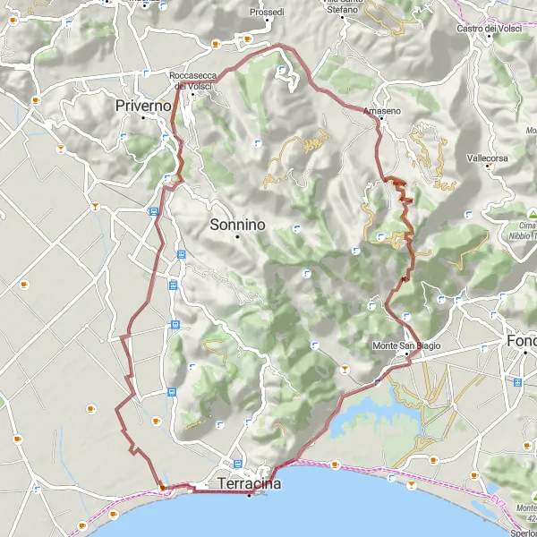 Miniatura della mappa di ispirazione al ciclismo "Giro Gravel tra Montagne e Mare" nella regione di Lazio, Italy. Generata da Tarmacs.app, pianificatore di rotte ciclistiche