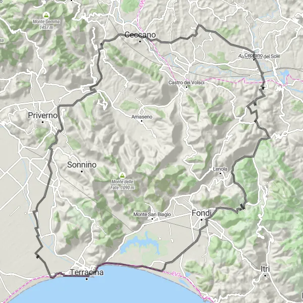 Miniatura della mappa di ispirazione al ciclismo "Tour delle Colline Lepini" nella regione di Lazio, Italy. Generata da Tarmacs.app, pianificatore di rotte ciclistiche