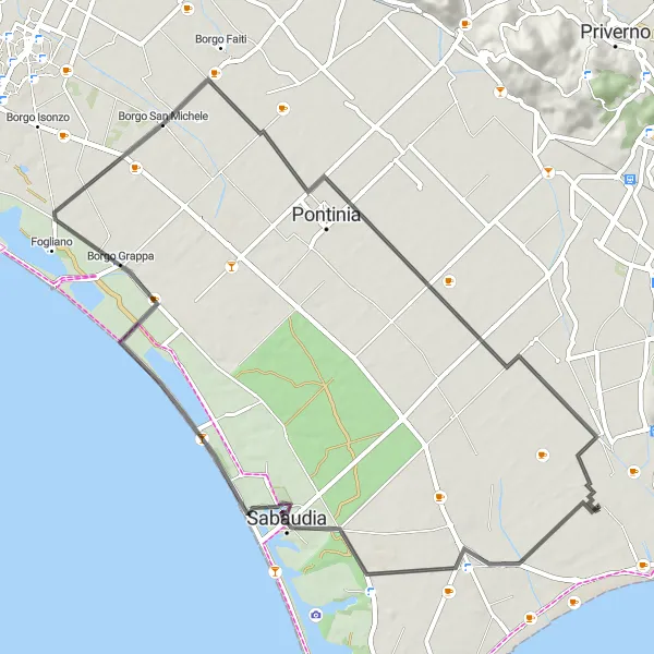 Map miniature of "Coastal Escape" cycling inspiration in Lazio, Italy. Generated by Tarmacs.app cycling route planner