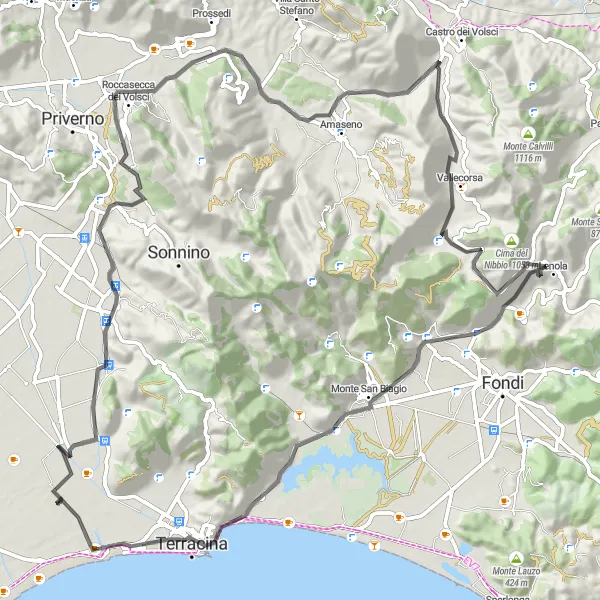 Miniatura della mappa di ispirazione al ciclismo "Giro Epico tra Montagne e Mare" nella regione di Lazio, Italy. Generata da Tarmacs.app, pianificatore di rotte ciclistiche