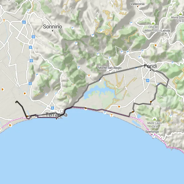 Miniatura della mappa di ispirazione al ciclismo "Giro del Villaggio Mediterraneo" nella regione di Lazio, Italy. Generata da Tarmacs.app, pianificatore di rotte ciclistiche