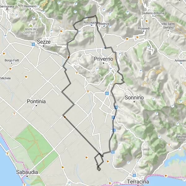 Miniatura della mappa di ispirazione al ciclismo "Tour delle Montagne Ausoni" nella regione di Lazio, Italy. Generata da Tarmacs.app, pianificatore di rotte ciclistiche
