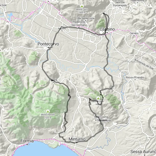 Map miniature of "Mountains and Monastery" cycling inspiration in Lazio, Italy. Generated by Tarmacs.app cycling route planner