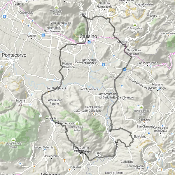 Map miniature of "Caira - Castelforte - Mausoleo di Ummidia Quadratilla - Monte Cassino" cycling inspiration in Lazio, Italy. Generated by Tarmacs.app cycling route planner