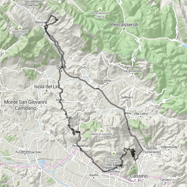 Map miniature of "Challenging Mountain Loop" cycling inspiration in Lazio, Italy. Generated by Tarmacs.app cycling route planner