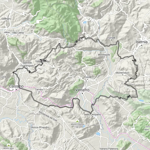 Map miniature of "Mountainous Escape" cycling inspiration in Lazio, Italy. Generated by Tarmacs.app cycling route planner