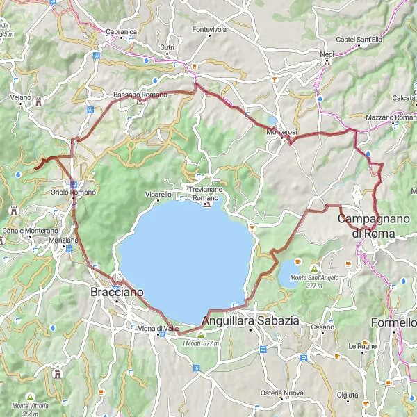 Map miniature of "Bassano Romano and Monte Santa Caterina Gravel Adventure" cycling inspiration in Lazio, Italy. Generated by Tarmacs.app cycling route planner