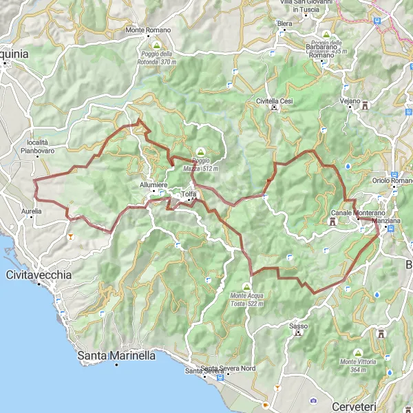 Miniatura della mappa di ispirazione al ciclismo "Grande giro da Canale Monterano a Mola della Cava" nella regione di Lazio, Italy. Generata da Tarmacs.app, pianificatore di rotte ciclistiche
