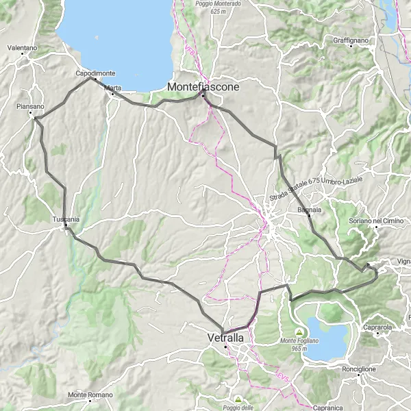 Miniatura della mappa di ispirazione al ciclismo "Percorso ciclistico da Canepina a Montefiascone" nella regione di Lazio, Italy. Generata da Tarmacs.app, pianificatore di rotte ciclistiche