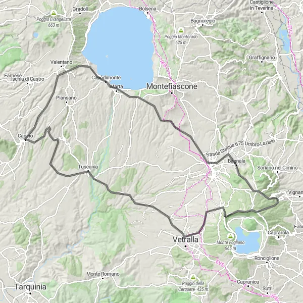 Miniatura della mappa di ispirazione al ciclismo "Giro in bici da Canepina a Bagnaia" nella regione di Lazio, Italy. Generata da Tarmacs.app, pianificatore di rotte ciclistiche