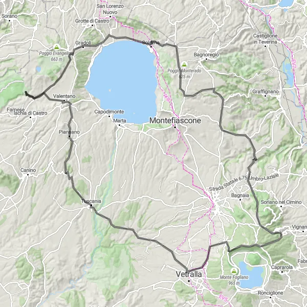 Miniatura della mappa di ispirazione al ciclismo "La Grande Traversata del Lazio" nella regione di Lazio, Italy. Generata da Tarmacs.app, pianificatore di rotte ciclistiche