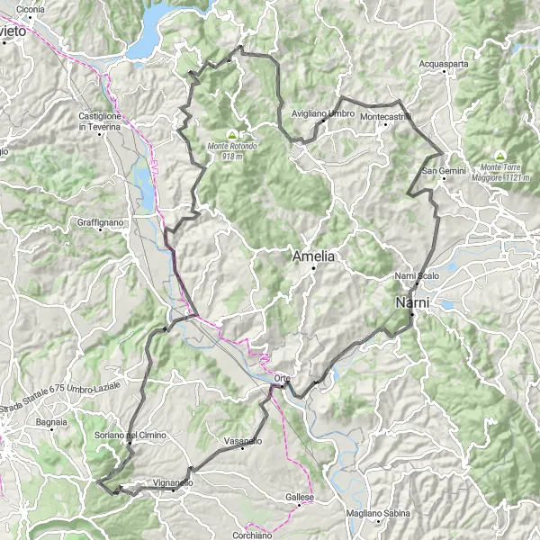 Miniatura della mappa di ispirazione al ciclismo "Cicloturismo da Canepina a Narni" nella regione di Lazio, Italy. Generata da Tarmacs.app, pianificatore di rotte ciclistiche