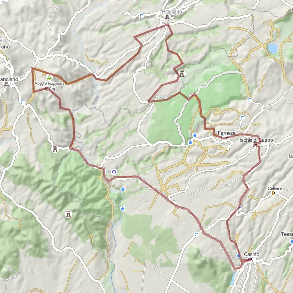 Miniatura della mappa di ispirazione al ciclismo "Gravel Route da Canino a Pitigliano" nella regione di Lazio, Italy. Generata da Tarmacs.app, pianificatore di rotte ciclistiche