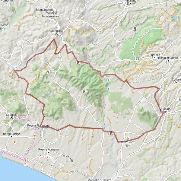 Miniatura della mappa di ispirazione al ciclismo "Esplorazione Gravel tra Canino e Fontana Buia" nella regione di Lazio, Italy. Generata da Tarmacs.app, pianificatore di rotte ciclistiche
