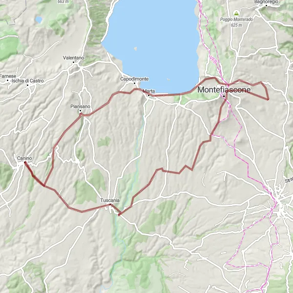 Miniatura della mappa di ispirazione al ciclismo "Giro in Gravel da Canino a Tuscania" nella regione di Lazio, Italy. Generata da Tarmacs.app, pianificatore di rotte ciclistiche