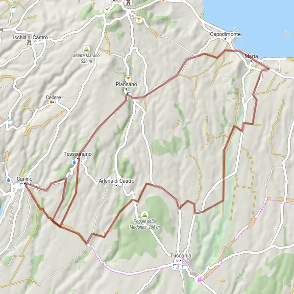Miniatura della mappa di ispirazione al ciclismo "Gravel Route da Canino a Monte di Marta" nella regione di Lazio, Italy. Generata da Tarmacs.app, pianificatore di rotte ciclistiche