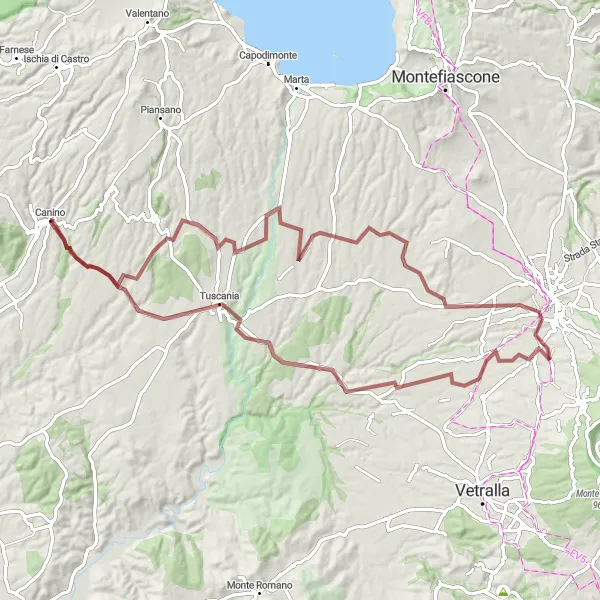 Miniatura della mappa di ispirazione al ciclismo "Gravel da Canino a San Pietro" nella regione di Lazio, Italy. Generata da Tarmacs.app, pianificatore di rotte ciclistiche