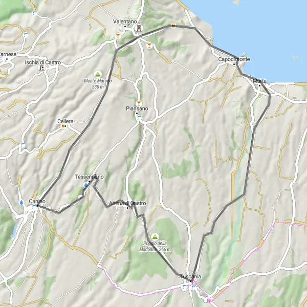 Miniatura della mappa di ispirazione al ciclismo "Percorso Stradale da Canino a Tuscania" nella regione di Lazio, Italy. Generata da Tarmacs.app, pianificatore di rotte ciclistiche