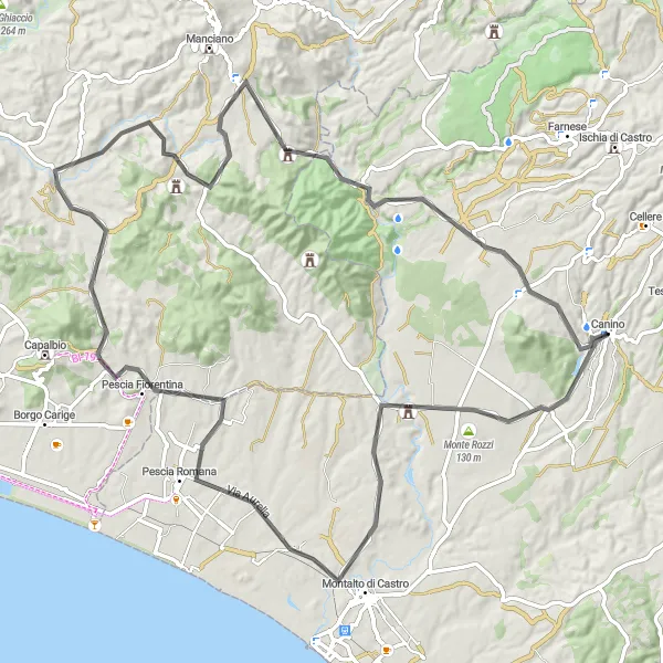 Miniatura della mappa di ispirazione al ciclismo "Giro su Strada tra Montagne e Mare" nella regione di Lazio, Italy. Generata da Tarmacs.app, pianificatore di rotte ciclistiche