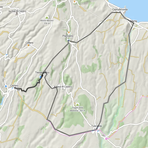 Miniatura della mappa di ispirazione al ciclismo "Percorso Stradale da Canino a Arlena di Castro" nella regione di Lazio, Italy. Generata da Tarmacs.app, pianificatore di rotte ciclistiche