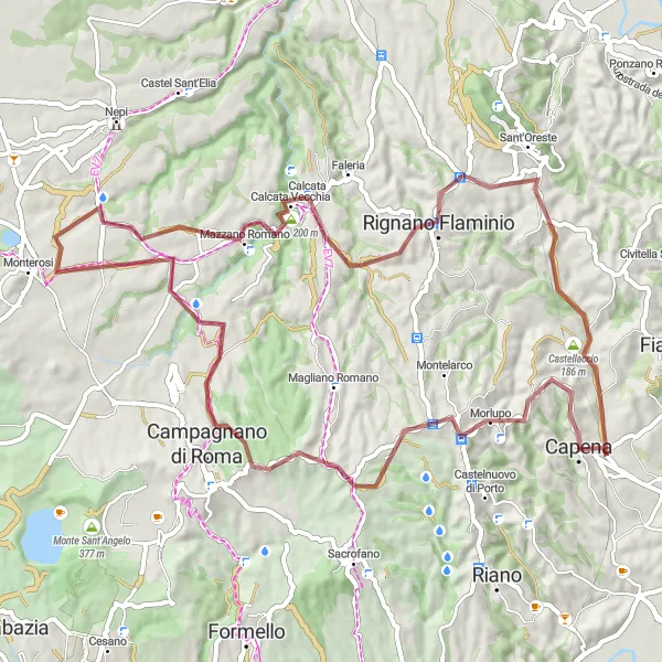 Miniatura della mappa di ispirazione al ciclismo "Giro in Gravel da Capena a Morlupo" nella regione di Lazio, Italy. Generata da Tarmacs.app, pianificatore di rotte ciclistiche