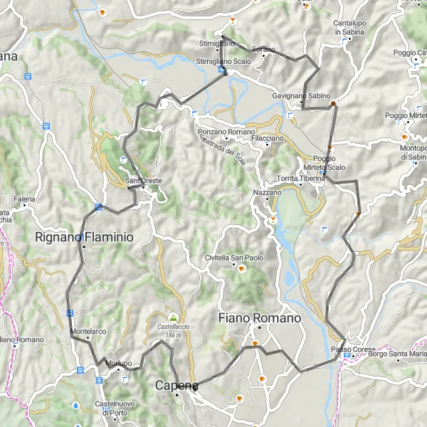 Map miniature of "Capena - Mount Soratte Circuit" cycling inspiration in Lazio, Italy. Generated by Tarmacs.app cycling route planner