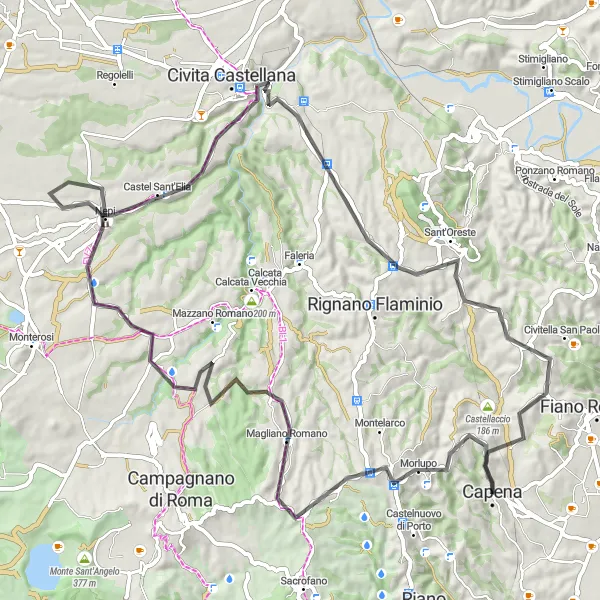 Map miniature of "The Hills of Nepi" cycling inspiration in Lazio, Italy. Generated by Tarmacs.app cycling route planner