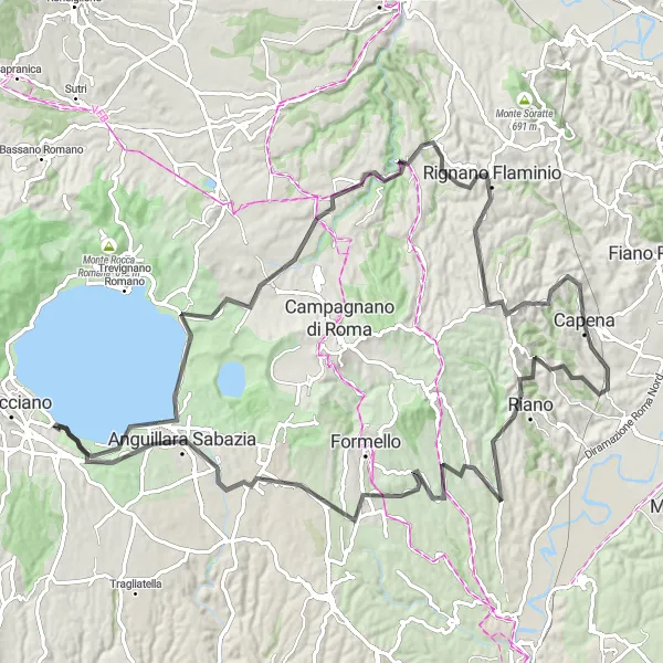 Map miniature of "Monte Marielle and Anguillara Sabazia Road Route" cycling inspiration in Lazio, Italy. Generated by Tarmacs.app cycling route planner