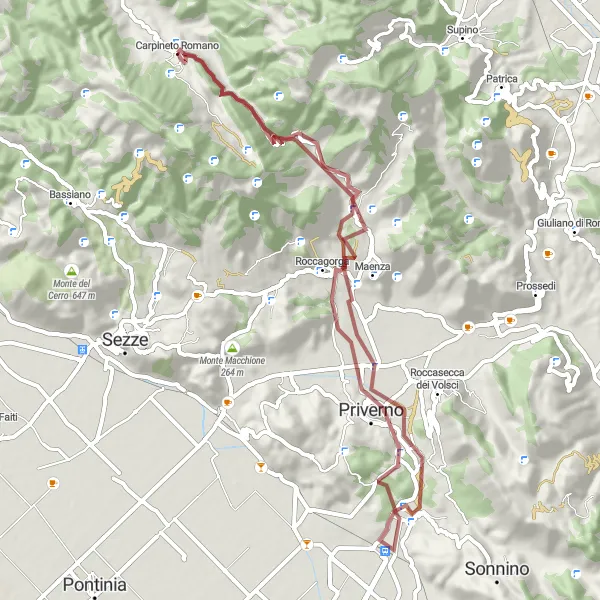 Map miniature of "Fossanova Gravel Adventure" cycling inspiration in Lazio, Italy. Generated by Tarmacs.app cycling route planner