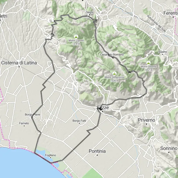 Map miniature of "Roman Countryside Road Adventure" cycling inspiration in Lazio, Italy. Generated by Tarmacs.app cycling route planner